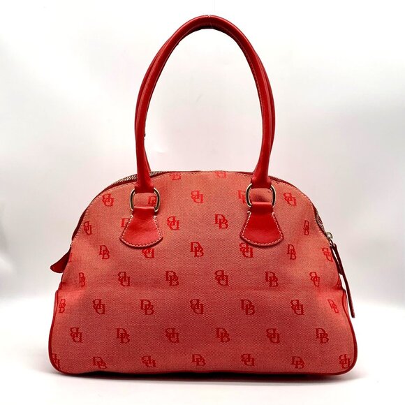 Dooney & Bourke Red Monogram Canvas Leather Trim Large Domed Satchel Bag - Picture 2 of 12